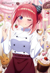 Rule 34 | 1girl, absurdres, breasts, butterfly hair ornament, candy, candy wrapper, chef, chocolate, chocolate heart, cupcake, doughnut, fingernails, food, go-toubun no hanayome, hair ornament, hair ribbon, hair up, heart, highres, icing, large breasts, licking lips, long sleeves, macaron, magazine scan, megami magazine, messy, nail polish, nakano nino, official art, ponytail, ribbon, scan, skirt, solo, tongue, tongue out, whisk