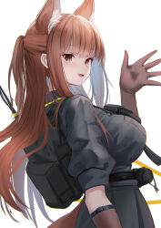 Rule 34 | 1girl, animal ear fluff, animal ears, arknights, backpack, bag, black shirt, blunt bangs, breasts, brown eyes, brown hair, commentary, elbow gloves, fox ears, fox girl, fox tail, franka (arknights), from side, gloves, highres, large breasts, looking at viewer, looking back, open mouth, shirt, solo, sthk, tail