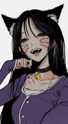 Rule 34 | 1girl, animal ear fluff, animal ears, bell, black hair, blurry, breasts, bright pupils, cat ears, cat girl, choker, collarbone, depth of field, earrings, extra ears, facial mark, fangs, hair between eyes, highres, jewelry, jingle bell, long hair, medium breasts, muryo, neck bell, open mouth, original, outstretched arm, paw pose, reaching, reaching towards viewer, simple background, sleeves past wrists, solo, straight hair, whisker markings, white background, yellow eyes