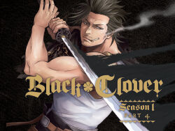 Rule 34 | 1boy, biceps, black bulls (emblem), black capelet, black clover, black fire, black hair, capelet, cigarette, cover, dvd cover, facial hair, fire, flaming sword, flaming weapon, frown, goatee stubble, hands up, highres, holding, holding sword, holding weapon, katana, long sideburns, looking at viewer, male focus, mature male, mustache stubble, official art, serious, short hair, sideburns, sideburns stubble, smoking, solo, spiked hair, stubble, sword, tabata yuuki, tank top, torn capelet, torn clothes, upper body, weapon, white tank top, wrinkled skin, yami sukehiro