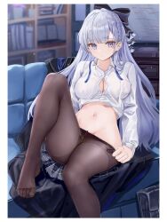 Rule 34 | 1girl, absurdres, age fx, argus (a hundred sleepless eye) (azur lane), argus (azur lane), azur lane, bag, black skirt, blue eyes, blush, breasts, button gap, closed mouth, collared shirt, grey hair, highres, large breasts, long hair, long sleeves, looking at viewer, navel, official alternate costume, pantyhose, partially unbuttoned, school bag, shirt, skirt, thighs, toe seam, uniform, white shirt