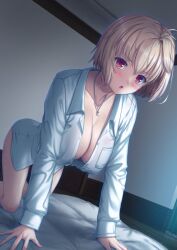 Rule 34 | 1girl, all fours, antenna hair, arcueid brunestud, blonde hair, blush, breast pocket, breasts, cleavage, collared shirt, dated, day, hanging breasts, indoors, jewelry, large breasts, long sleeves, looking at viewer, miyai sen, naked shirt, no bra, on bed, open clothes, open shirt, pendant, pocket, red eyes, shirt, short hair, single hair intake, slit pupils, solo, sweatdrop, tsukihime, tsukihime (remake), unbuttoned, unbuttoned shirt, white shirt