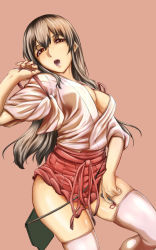 Rule 34 | 10s, 1girl, :o, akagi (kancolle), breasts, brown eyes, brown hair, cleavage, cosmetics, ishii hisao, japanese clothes, kantai collection, large breasts, lipstick, lipstick tube, long hair, makeup, personification, pleated skirt, skirt, solo, thighhighs, undressing, white thighhighs
