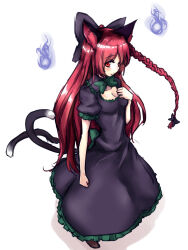 Rule 34 | 1girl, amagi (amagi626), animal ears, bare arms, black bow, bow, bowtie, braid, breasts, cat ears, cat tail, cleavage, collarbone, commentary request, dress, frilled shirt collar, frills, from above, full body, green bow, green bowtie, grey dress, hair bow, hair down, hair over one eye, hair ribbon, hand on own chest, hand up, highres, hitodama, kaenbyou rin, long hair, medium breasts, multiple tails, nekomata, petticoat, red eyes, red hair, ribbon, shadow, simple background, single braid, solo, standing, tail, touhou, tress ribbon, two tails, very long hair, white background