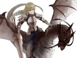 Rule 34 | 1girl, absurdres, armor, blonde hair, breastplate, commentary request, dragon, fire emblem, fire emblem: three houses, green eyes, highres, ingrid brandl galatea, lance, long braid, long hair, looking at viewer, nintendo, partial commentary, polearm, riding, sail (sail-away), shoulder armor, simple background, solo, vambraces, very long hair, weapon, white background, wyvern