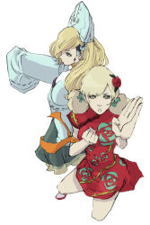 Rule 34 | 1990s (style), 2girls, blonde hair, blue eyes, china dress, chinese clothes, double bun, dress, female focus, final fantasy, final fantasy iv, final fantasy iv: the after years, flower, hair bun, hair ornament, hat, leonora, long hair, multiple girls, rika (artist), robe, ursula leiden, yellow eyes