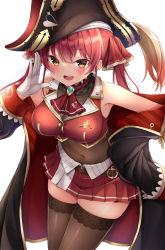 Rule 34 | 1girl, black hat, breasts, brown thighhighs, cleavage, covered navel, gloves, hat, heterochromia, highres, hololive, houshou marine, nakaji (user snap3353), pirate hat, red eyes, red hair, see-through, see-through cleavage, simple background, solo, thighhighs, twintails, virtual youtuber, white background, white gloves, yellow eyes