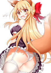 Rule 34 | 1girl, animal ears, ass, bare shoulders, blonde hair, blush, bow, brown eyes, dress, fox ears, fox tail, from behind, garter straps, hair bow, highres, long hair, looking at viewer, looking back, minato yoshihiro, open mouth, original, panties, solo, standing, tail, thighhighs, underwear, white panties, white thighhighs