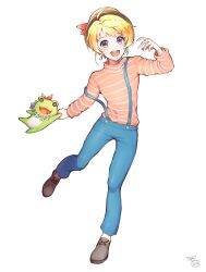 Rule 34 | 1boy, :d, absurdres, androgynous, blonde hair, blue pants, earrings, full body, grey footwear, hat, highres, holding, idolmaster, idolmaster side-m, jewelry, long sleeves, looking at viewer, lumeru 33, male focus, open mouth, pants, pierre bichelberger, pink shirt, purple eyes, shirt, shoes, simple background, smile, strap slip, striped clothes, striped shirt, stuffed animal, stuffed frog, stuffed toy, suspenders, trap, white background