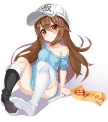 Rule 34 | 10s, 1girl, 2drr, bare shoulders, black footwear, blue shirt, blush, boots, breasts, brown eyes, brown hair, child, closed mouth, collarbone, commentary request, feet, flag, flat cap, full body, grey hat, hair between eyes, hat, hataraku saibou, head tilt, holding, holding flag, knee boots, long hair, looking at viewer, off shoulder, platelet (hataraku saibou), shirt, shoes, short sleeves, single knee boot, single shoe, single thighhigh, small breasts, soles, solo, thighhighs, very long hair, white thighhighs