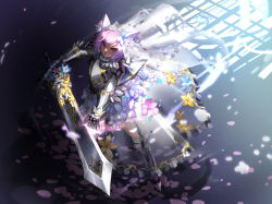 Rule 34 | 1girl, armor, from above, looking at viewer, observerz, orange eyes, original, pink hair, see-through silhouette, short hair, solo, sword, veil, weapon