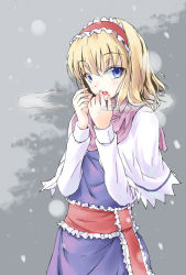 Rule 34 | 1girl, alice margatroid, awa yume, blonde hair, blue eyes, breath, female focus, scarf, snowing, solo, touhou, winter clothes