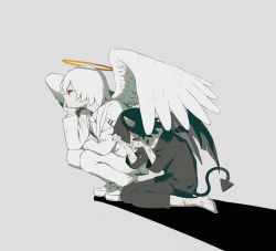Rule 34 | 2boys, absurdres, angel, angel wings, avogado6, barefoot, black pants, black shirt, bruise, bruise on face, crying, demon boy, demon horns, demon tail, demon wings, feathered wings, from side, grey background, halo, highres, horns, injury, jacket, multiple boys, necktie, original, pants, profile, red eyes, shirt, shoes, short hair, simple background, tail, white footwear, white hair, white jacket, white pants, white wings, wings