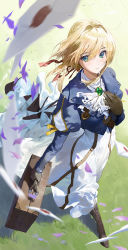 Rule 34 | 1girl, blonde hair, blue eyes, blue jacket, brooch, brown footwear, brown gloves, closed mouth, falling petals, from above, gloves, grass, hair between eyes, hair intakes, hand on own chest, highres, jacket, jewelry, looking at viewer, modare, outdoors, petals, red ribbon, ribbon, sidelocks, skirt, smile, suitcase, violet evergarden, violet evergarden (series), walking, white neckwear, white skirt