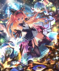 Rule 34 | 1girl, ahoge, animal ears, artist request, audience, blue eyes, cat ears, cat tail, cygames, disco ball, dress, fake animal ears, gloves, hairband, idol, kneeling, lishenna omen of destruction, long hair, looking at viewer, microphone, music, official art, reaching, reaching towards viewer, red hair, ribbon, shadowverse, singing, skirt, tail, thighhighs, twintails