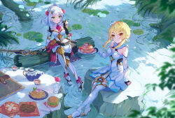 Rule 34 | 2girls, angry, armor, armored dress, bare shoulders, blonde hair, book, boots, breasts, burger, cup, detached sleeves, dress, flower, food, genshin impact, green eyes, handkerchief, happy, highres, kettle, lake, large breasts, leaf, lily pad, log, looking at viewer, lumine (genshin impact), medium breasts, multiple girls, nature, naycot, noelle (genshin impact), orange eyes, pancake, pasta, plant, plate, pond, rock, rose, scenery, short hair, sitting, spaghetti, sword, table, vase, water, weapon, white dress, white hair
