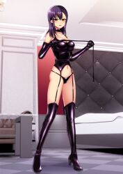 Rule 34 | 1girl, bed, bedroom, bondage outfit, boots, breasts, checkered floor, choker, cleavage, corset, dominatrix, garter straps, gloves, high heel boots, high heels, holding, holding whip, large breasts, latex, navel, open mouth, original, panties, piririnegi, purple hair, shiny clothes, thigh boots, underwear, whip, yellow eyes
