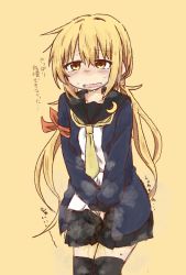 Rule 34 | 1girl, armband, between legs, black sailor collar, black skirt, black thighhighs, blonde hair, blue jacket, blush, breath, collarbone, crescent, crescent pin, embarrassed, female focus, flat chest, hand between legs, have to pee, highres, jacket, japanese text, kantai collection, long hair, matching hair/eyes, miniskirt, necktie, nose blush, open mouth, own hands together, peeing, peeing self, pleated skirt, ponnu (tnpn2yw), sailor collar, satsuki (kancolle), school uniform, serafuku, shirt, simple background, skirt, solo, standing, steam, sweat, talking, thighhighs, translation request, twintails, v arms, wavy mouth, wet, wet clothes, white shirt, yellow background, yellow eyes, yellow necktie, zettai ryouiki