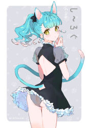 Rule 34 | 1girl, animal ears, aqua hair, ass, ass cutout, back cutout, black bow, blonde hair, blue hair, blue nails, blunt bangs, bow, butt crack, cat ears, cat girl, cat tail, clothes lift, clothing cutout, colored tips, cowboy shot, curious, dress, dress lift, frilled dress, frills, from behind, grey background, grey panties, grey sleeves, hair bow, hands up, long hair, looking at viewer, looking back, multicolored hair, nail polish, nocomi, original, outside border, own hands together, panties, ponytail, puffy sleeves, rounded corners, see-through, see-through sleeves, short dress, short sleeves, simple background, solo, streaked hair, tail, tail raised, tail through clothes, underwear, wavy hair, white hair, yellow eyes