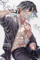 Rule 34 | 1boy, abs, absurdres, air bubble, arm at side, artist name, black gloves, black hair, black male underwear, black pants, black shirt, bubble, burn scar, ear piercing, facial scar, fang, food, food in mouth, gloves, gradient hair, hair between eyes, hand up, highres, jikkyuu mitsutada, looking ahead, male focus, male underwear, mouth hold, multicolored hair, muscular, muscular male, nipples, off shoulder, open clothes, open shirt, pants, partially unbuttoned, pectorals, piercing, popsicle, popsicle in mouth, purple eyes, scar, scar on arm, scar on cheek, scar on chest, scar on face, scar on hip, scar on neck, scar on nose, scar on shoulder, scar on stomach, shirt, short hair, simple background, sitting, solo, sweat, tandem, touken ranbu, twitter username, two-tone hair, underwear, white background, white hair