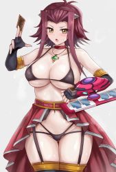 Rule 34 | 1girl, :o, antenna hair, bare shoulders, between fingers, bikini, black bikini, black gloves, black thighhighs, blush, breasts, card, choker, cleavage, collarbone, elbow gloves, fingerless gloves, garter straps, gloves, gluteal fold, highres, holding, holding card, izayoi aki, jewelry, large breasts, looking at viewer, looking back, micro bikini, navel, necklace, open mouth, r-binon, red choker, red hair, short hair with long locks, sidelocks, simple background, solo, swimsuit, thigh gap, thighhighs, v-shaped eyebrows, waist cape, white background, yellow eyes, yu-gi-oh!, yu-gi-oh! 5d&#039;s