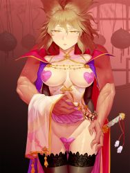 Rule 34 | 1boy, 1girl, alternate costume, belt, black thighhighs, blonde hair, breasts, breasts out, cape, china dress, chinese clothes, cleavage cutout, clothed female nude male, clothes lift, clothing cutout, cowboy shot, dress, gluteal fold, heart, heart-shaped pupils, hetero, highres, incense, maebari, muscular, muscular male, navel cutout, nipples, nude, pasties, pelvic curtain, pelvic curtain lift, purple cape, shinburu, sleeveless, sleeveless dress, solo focus, sword, symbol-shaped pupils, tan, thigh grab, thighhighs, touhou, toyosatomimi no miko, veins, weapon, yellow eyes