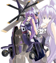 Rule 34 | 1girl, aircraft, airplane, contra-rotating propellers, douglas a2d, excel (gewalt), female focus, long hair, mecha musume, military, one-piece swimsuit, original, personification, propeller, purple hair, school swimsuit, solo, swimsuit, zoom layer
