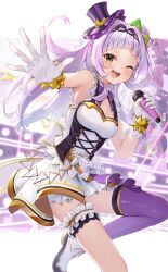 Rule 34 | 1girl, absurdres, bare shoulders, blush, bow, breasts, commentary request, dress, frills, gloves, grey hair, hair bun, hat, head chain, highres, holding, holding microphone, hololive, hololive idol uniform, idol, jewelry, kairono3jou, leg up, long hair, looking at viewer, microphone, mini hat, mini top hat, murasaki shion, one eye closed, open mouth, outstretched arm, purple thighhighs, short dress, short eyebrows, sidelocks, single side bun, single thighhigh, sleeveless, sleeveless dress, small breasts, smile, solo, teeth, thighhighs, top hat, upper teeth only, virtual youtuber, white bow, white dress, white footwear, white gloves, wrist cuffs, yellow eyes