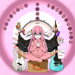 Rule 34 | 1girl, alcohol, bass guitar, blue eyes, bocchi the rock!, box, cardboard box, cellphone, censored, cube hair ornament, disembodied hand, drum, gotoh hitori, goumonsha, guitar, hair ornament, highres, indian style, instrument, jacket, long hair, long sleeves, middle finger, novelty censor, one side up, open mouth, pants, parody, phone, pink hair, pink jacket, pink pants, praying, sake, sayonara zetsubou sensei, school uniform, sitting, smartphone, solo focus, track jacket, track pants