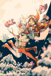 Rule 34 | 2girls, arm ribbon, bag, bang dream!, bell, blue hair, blurry, blurry background, blurry foreground, boots, bow, brown hair, candy, candy cane, christmas, christmas ornaments, coldcat., commentary, english commentary, falling, food, full body, gloves, grey eyes, hair bow, hair ornament, hairclip, hand on own head, hat, highres, holding, holding bag, hug, long hair, matsubara kanon, midair, moon, multiple girls, night, okusawa misaki, open mouth, ponytail, puffy shorts, purple eyes, red bow, red footwear, red gloves, red ribbon, ribbon, sack, santa costume, santa gloves, santa hat, shorts, shouting, snow, striped clothes, striped legwear, striped shorts, striped thighhighs, stuffed animal, stuffed octopus, stuffed penguin, stuffed toy, sweat, tearing up, teddy bear, thigh boots, thighhighs, tree, waist hug, white legwear, white shorts
