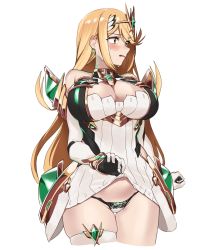 Rule 34 | 1girl, bare shoulders, blonde hair, blush, breasts, cleavage, cleavage cutout, clothes lift, clothing cutout, dress, dress lift, earrings, elbow gloves, gloves, highres, jewelry, large breasts, mythra (xenoblade), open mouth, panties, salmongrapefish, simple background, sleeveless, sleeveless dress, solo, string panties, tiara, underwear, white background, white dress, white gloves, xenoblade chronicles (series), xenoblade chronicles 2, yellow eyes