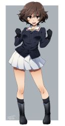 Rule 34 | 10s, 1girl, 2016, akiyama yukari, bare legs, boots, brown eyes, brown hair, clenched hands, commentary request, dated, eyebrows, girls und panzer, gloves, hair between eyes, ikeshita moyuko, jacket, messy hair, open mouth, pleated skirt, school uniform, skirt, socks, solo