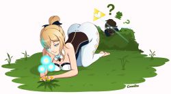 Rule 34 | 1boy, 1girl, anal, blonde hair, blue eyes, bush, creambee, feet, genshin impact, glowing, glowing eyes, grass, heart, jean (genshin impact), link, looking back, nintendo, open mouth, outdoors, ponytail, question mark, see-through, shadow, surprised, the legend of zelda, the legend of zelda: breath of the wild, voyeurism