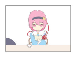 Rule 34 | 1koma, 2girls, black border, black hairband, black hat, blue shirt, book, border, comic, cup, expressionless, frilled shirt collar, frilled sleeves, frills, hair ornament, hairband, hat, heart, heart hair ornament, holding, holding book, komeiji koishi, komeiji satori, long sleeves, multiple girls, open book, pink eyes, pink hair, reading, ribbon-trimmed collar, ribbon trim, saryuu (iriomote), shirt, silent comic, simple background, solo focus, string, table, teacup, third eye, touhou, upper body, white background