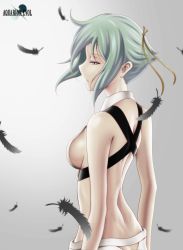 Rule 34 | 1girl, aquarion (series), aquarion evol, ass cutout, back, bad id, bad pixiv id, breasts, clothing cutout, feathers, final fantasy, final fantasy vii, green hair, grey background, parody, purple eyes, revealing clothes, short hair, sideboob, solo, tennen ahoke, zessica wong