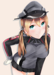 Rule 34 | 10s, 1girl, anchor symbol, between legs, black ribbon, black skirt, black thighhighs, blonde hair, blush, breasts, brown background, collar, cross, grey hat, hair ribbon, hat, highres, iron cross, kantai collection, large breasts, long hair, long sleeves, looking at viewer, low twintails, military, military uniform, miniskirt, peaked cap, pleated skirt, prinz eugen (kancolle), ribbon, simple background, skirt, solo, taka-chan, thighhighs, thighs, twintails, uniform