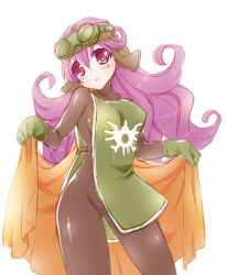 Rule 34 | 1girl, blush, breasts, cape, commentary request, cosplay, curly hair, dragon quest, dragon quest ii, goggles, goggles on head, goggles on headwear, hat, kichijou agata, long hair, looking at viewer, open mouth, prince of samantoria, princess of moonbrook, purple hair, simple background, solo, white background