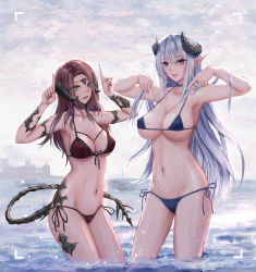 Rule 34 | 2girls, :d, absurdres, arm guards, armlet, armpits, arms up, au ra, warrior of light (ff14), bikini, black choker, black ribbon, blue bikini, blue nails, blue ribbon, breasts, character request, choker, cleavage, cloud, cloudy sky, collarbone, covered erect nipples, day, dragon girl, dragon horns, dragon tail, ear piercing, final fantasy, final fantasy xiv, forehead, gluteal fold, green eyes, highres, horizon, horns, large breasts, looking at viewer, micro bikini, multiple girls, nail polish, ocean, open mouth, outdoors, piercing, pointing, pointing down, pointing up, pointy ears, purple eyes, red bikini, ribbon, side-tie bikini bottom, sky, smile, standing, swimsuit, tail, viewfinder, wading, water, wet, yuzuriha (atelier liang)