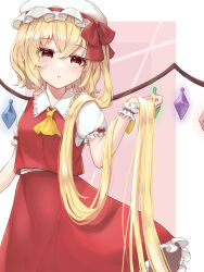 Rule 34 | 1girl, absurdly long hair, alternate hair length, alternate hairstyle, ascot, blonde hair, blush, bow, collared shirt, commentary, cowboy shot, crystal, flandre scarlet, frilled shirt collar, frilled skirt, frills, hair between eyes, hair over shoulder, hand in own hair, hand up, hat, hat bow, highres, long hair, mob cap, naarsann, parted lips, puffy short sleeves, puffy sleeves, red bow, red eyes, red skirt, red vest, shirt, short sleeves, side ponytail, skirt, skirt set, solo, touhou, very long hair, vest, white hat, white shirt, wings, wrist cuffs, yellow ascot