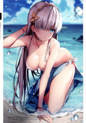 Rule 34 | 1girl, absurdres, all fours, anastasia (fate), arm support, bare shoulders, beach, bikini, blue eyes, blue sky, bracelet, breasts, cleavage, cloud, cloudy sky, collarbone, day, earrings, fate/grand order, fate (series), fingernails, hair ornament, hair over one eye, hairband, highres, jewelry, looking at viewer, necklace, necomi, ocean, outdoors, parted lips, sarong, scan, silver hair, sky, solo, swimsuit, water, water drop