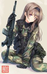 Rule 34 | 1girl, ammunition pouch, arm support, assault rifle, black gloves, camouflage, camouflage jacket, camouflage pants, commentary request, feet out of frame, gloves, grey background, gun, hairband, head tilt, highres, holding, holding gun, holding weapon, jacket, light brown hair, long hair, long sleeves, looking at viewer, m4 carbine, military, military jacket, military uniform, oofuji reiichirou, original, pants, pink eyes, pouch, rifle, sitting, solo, uniform, weapon, yokozuwari