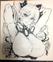 Rule 34 | 1girl, armpits, arms behind head, bodysuit, breasts, claire harvey, drill hair, huge breasts, hundred (light novel), looking at viewer, monochrome, smile, solo, twin drills