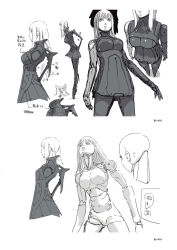 Rule 34 | 1girl, artbook, blame!, blunt bangs, breasts, character sheet, cibo, cyberpunk, cyborg, dress, from side, greyscale, highres, joints, long hair, looking up, mechanical arms, mechanical legs, medium breasts, miniskirt, monochrome, nihei tsutomu, nipples, nude, pale skin, ribbon, robot joints, short dress, sketch, skirt, spine, tall, tall female, translation request, underbust, white hair