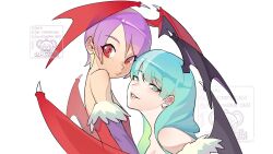 2girls bridal_gauntlets darkstalkers green_eyes green_hair head_wings highres leotard lilith_(darkstalkers) morrigan_aensland multiple_girls purple_hair qingpu_liang red_eyes smile strapless strapless_leotard white_background wings