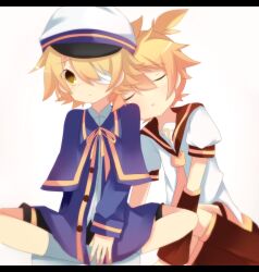 Rule 34 | 2boys, arm warmers, black shorts, blonde hair, brown serafuku, closed eyes, crossed legs, dress shirt, eyepatch, gauze, hat, head on another&#039;s shoulder, high ponytail, highres, implied yaoi, kagamine len, leaning on person, leg warmers, male focus, meranoreuka (naokentak), messy hair, multiple boys, neck ribbon, necktie, oliver (vocaloid), one eye covered, open mouth, ponytail, ribbon, sailor, sailor hat, school uniform, serafuku, shirt, short hair, short ponytail, shorts, sitting, socks, vocaloid, white shirt, white socks, yaoi, yellow eyes, yellow necktie, yellow ribbon
