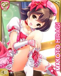 Rule 34 | 1girl, ahoge, bow, breasts, brown eyes, brown hair, cafe, card (medium), character name, cleavage, day, dress, girlfriend (kari), hiragi makoto, indoors, magical girl, medium breasts, official art, open mouth, pink dress, pink headwear, pleated dress, qp:flapper, red bow, short hair, sitting, smile, solo, thighhighs, white thighhighs