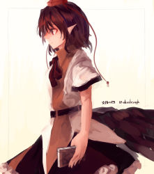 Rule 34 | 1girl, akaiha (akaihagusk), bad id, bad pixiv id, black skirt, black wings, breasts, brown hair, feathered wings, framed, frilled skirt, frills, highres, low wings, notebook, pointy ears, pointy nose, profile, red eyes, ribbon, shameimaru aya, shirt, short hair, short sleeves, simple background, skirt, small breasts, smile, solo, touhou, twitter username, wavy hair, white background, white shirt, wings