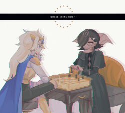 Rule 34 | 2boys, blonde hair, blue cape, blue gemstone, board game, brown hair, cape, chess, chess piece, circlet, closed mouth, collared shirt, cookie run, espresso cookie, eyelashes, film grain, from side, gem, hair between eyes, humanization, long hair, madeleine cookie, male focus, mamimumemo, multiple boys, personification, shirt, upper body