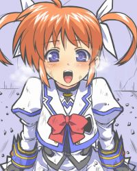 Rule 34 | 1girl, ahoge, blue eyes, blush, bow, bowtie, breath, crack, cracked wall, debris, dress, hair ribbon, juliet sleeves, long sleeves, looking at viewer, lyrical nanoha, open mouth, orange hair, puffy sleeves, ribbon, solo, takamachi nanoha, takamachi nanoha (sacred mode), to-gnaniwa, twintails, upper body, white dress