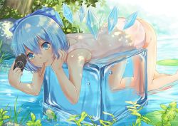 Rule 34 | 1girl, bad id, bad pixiv id, barefoot, blue eyes, blue hair, bow, casual one-piece swimsuit, head rest, cirno, dappled sunlight, dated, frog, frozen, frozen frog, grass, hair bow, handheld game console, ice, ice block, ice wings, lily pad, looking at viewer, lying, matching hair/eyes, one-piece swimsuit, pink one-piece swimsuit, playstation portable, pond, popsicle stick, rock, school swimsuit, smile, solo, sony, summer, sunlight, swimsuit, touhou, tree, water, wings, yizhirenben